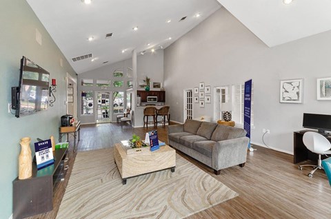 a living room with a couch and a coffee table